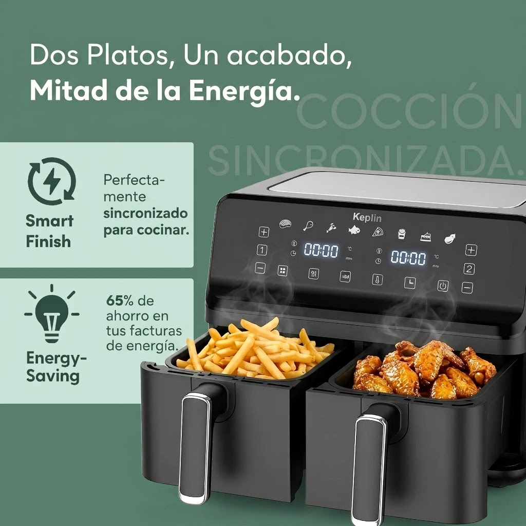 Freidora de aire Keplin de doble zona: freidora de bajo consumo con 6 funciones de cocción, capacidad extragrande para comidas saludables. Asa, hornea, deshidrata y deja los alimentos crujientes. Tamaño familiar de 9 / 9,5 L. - Bild 3