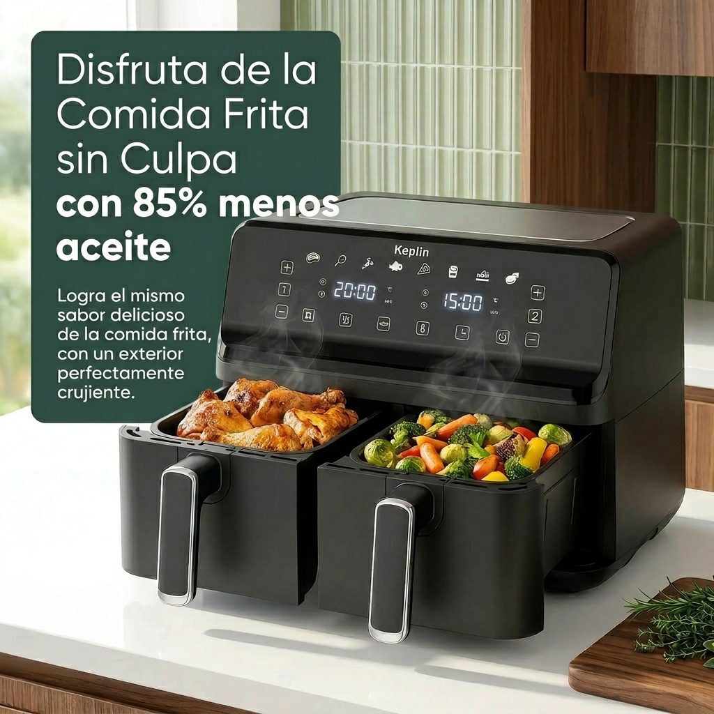Freidora de aire Keplin de doble zona: freidora de bajo consumo con 6 funciones de cocción, capacidad extragrande para comidas saludables. Asa, hornea, deshidrata y deja los alimentos crujientes. Tamaño familiar de 9 / 9,5 L. - Bild 2