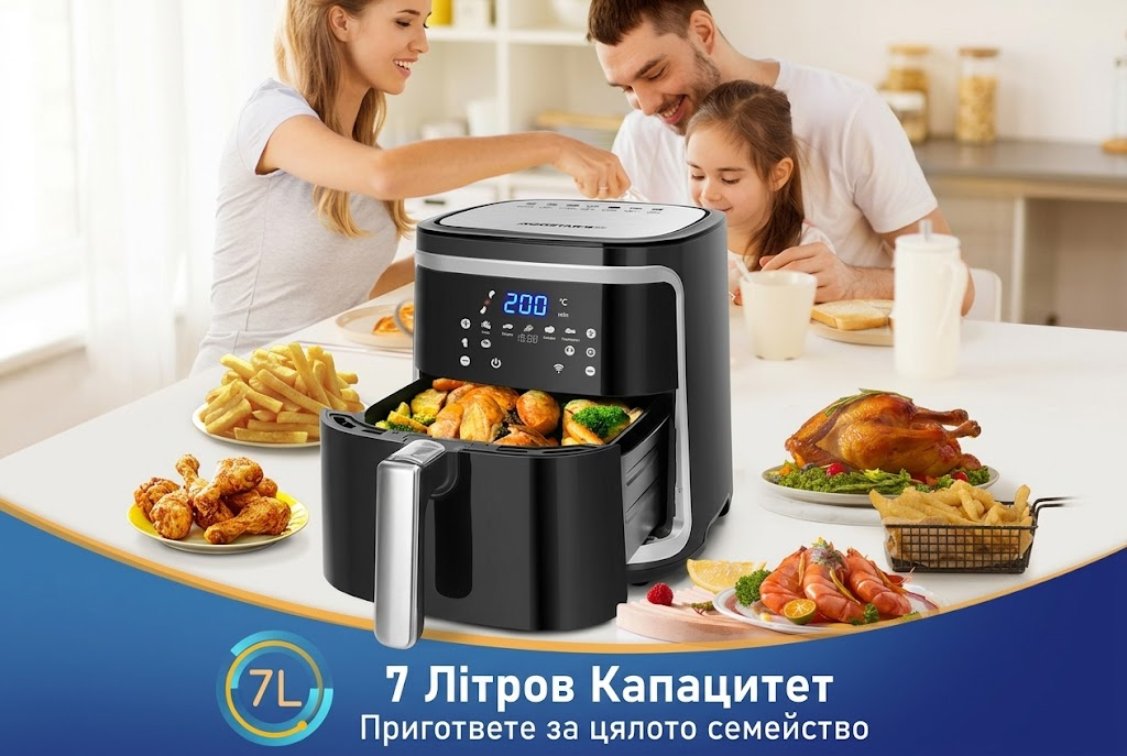 Фритюрник с горещ въздух без мазнина XXL 7 л, 1900 W, интелигентен. Wi-Fi свързаност. Сензорен LED дисплей, 7 предварително зададени функции. Без BPA. ПОДАРЪК: Електрическа кана 1,7 л. - Bild 4